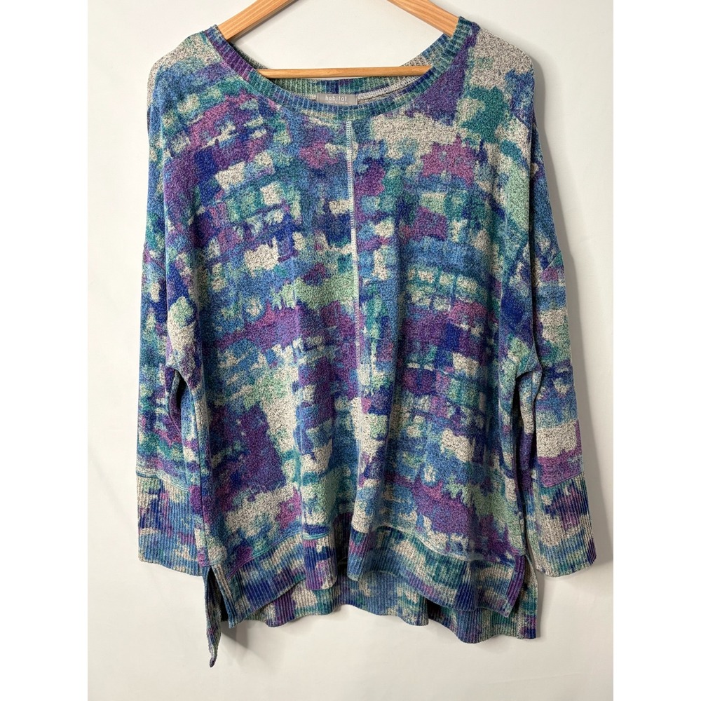 Habitat Womens Blue Purple Abstract Sweater Sz L Boxy Slouchy Lounge Boho Artsy